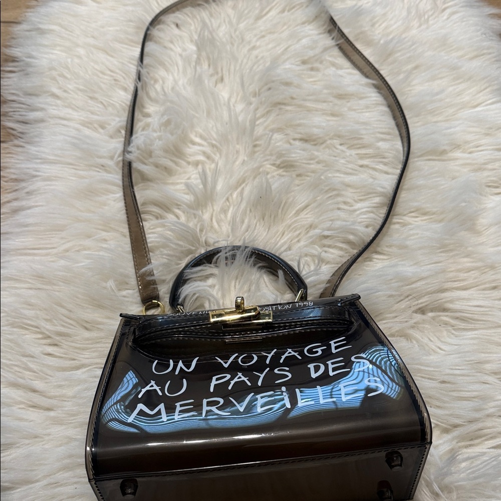 Clear Black Vinyl Crossbody Bag with White Script and Top Handle - Picture 2 of 12